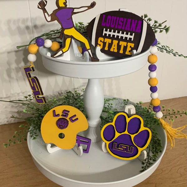 Louisiana State University football Tiered Tray Decor Signs Farmhouse Rustic Helmet Paw Print