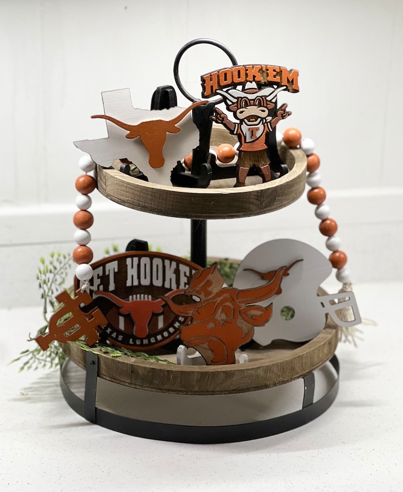 TEXAS LONGHORNS Football Tiered Tray Decor Signs Rustic Beads UT Bundle