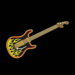 May include: A black electric guitar with yellow and red flames on the body. The guitar has a brown neck and a silver tuning peg.