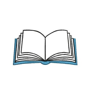 May include: A black and white line drawing of an open book with a blue cover. The book is open to a blank page.