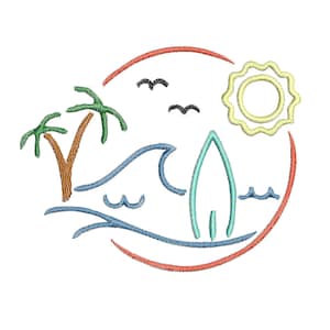 Desenho de bordado à máquina com cena oceânica, desenho de bordado de surfe, desenho de bordado do oceano, desenho de bordado de praia, desenho tropical, oceano