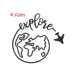 Explore the World, World map machine embroidery, Travel Machine Embroidery, Airplane, Jet Travel Embroidery, Globe Design, Globe Embroidery