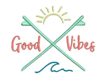 Good Vibes Beach Machine Embroidery Design, Surf Boards, Waves, Sun, Sunshine, Beach Design, Surfing and Waves Embroidery, Beach Ocean Waves