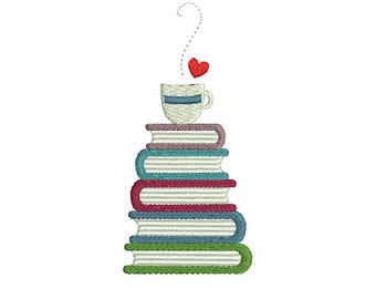 Books and Mug Machine Embroidery Design, Stacked Books Design, Book Stack Design, Reading Embroidery, Books Machine Embroidery, Coffee