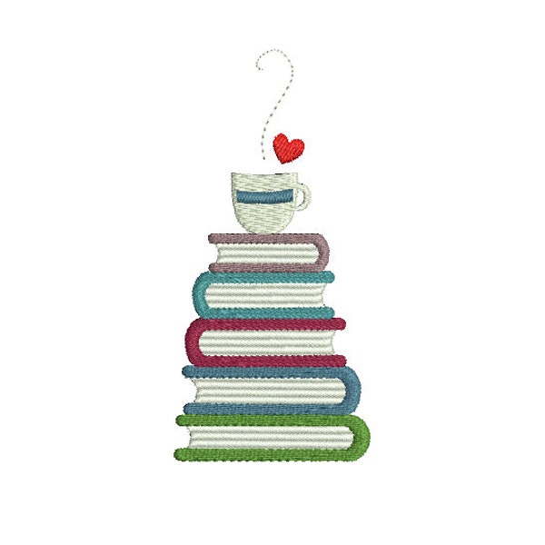 Books and Mug Machine Embroidery Design, Stacked Books Design, Book Stack Design, Reading Embroidery, Books Machine Embroidery, Coffee