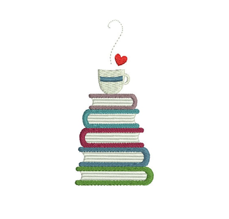 Books and Mug Machine Embroidery Design, Stacked Books Design, Book Stack Design, Reading Embroidery, Books Machine Embroidery, Coffee image 1