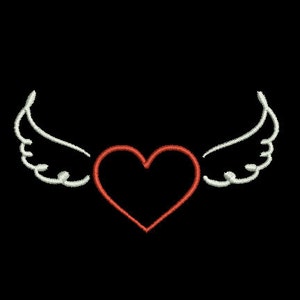 May include: A red heart with white wings on a black background.