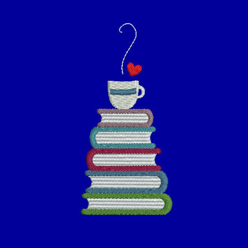 Books and Mug Machine Embroidery Design, Stacked Books Design, Book Stack Design, Reading Embroidery, Books Machine Embroidery, Coffee image 2