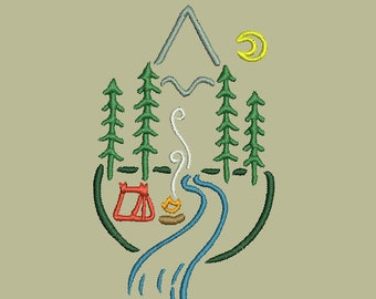 Outdoor Scene Machine Embroidery Design, Camping Embroidery Design, Outdoor, Mountains Design, Camping, Adventure, Mountains Embroidery