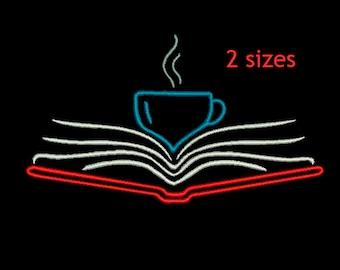 Book and Mug Machine Embroidery Design, Book, Coffee Glass Design, Books Embroidery, Coffeel Design, Library Design, Read, Reading Design