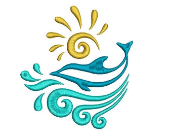 Dolphin Machine Embroidery Design, Dolphin in Waves and Sun Machine Embroidery, Dolphin Design, Wave Design, Waves, Sun Machine Embroidery