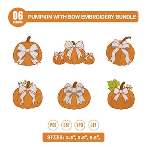 Pode incluir: Um pacote de designs de bordado 06 Pumpkin With Bow. As abóboras laranja são decoradas com laços brancos. Os formatos de arquivo incluem PES, DST, VP3 e JEF. Os tamanhos disponíveis são 6,35 cm, 8,89 cm e 13,97 cm.