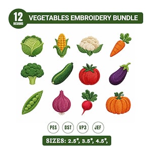 Vegetables Embroidery Designs Bundle: Garden Veggies Tomato Carrot Pumpkin Cauliflower Files Machine Embroidery 3 Sizes, Instant Download