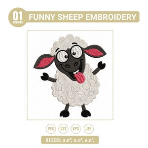 Op de afbeelding: Een borduurontwerp met een cartoon schaap met een zwart gezicht, witte krullende wol en een uitgestoken roze tong. Het schaap heeft grote ogen en roze gevoerde oren. Tekst: 01 FUNNY SHEEP EMBROIDERY en SIZES: 8,89 cm, 12,7 cm, 16,51 cm.