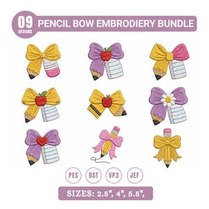 以下が含まれることがあります： 09 Pencil Bow Embroidery Bundleのデジタルコレクション。リボン、鉛筆、リンゴ、罫線入り紙、ハート、花を組み合わせたデザイン。テキストは「09 PENCIL BOW EMBROIDERY BUNDLE」、「PES DST VP3 JEF」、「SIZES: 2.5", 4", 5.5"」と記載されています。