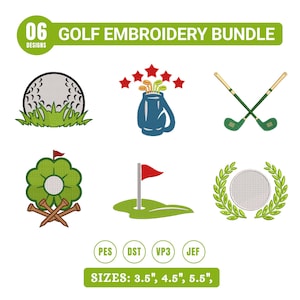 May include: A digital embroidery bundle featuring 06 golf designs including a golf ball in grass, a golf bag with five stars, crossed golf clubs, a clover with tees, a flag on a green, and a golf ball in a wreath. Includes PES, DST, VP3, JEF formats.