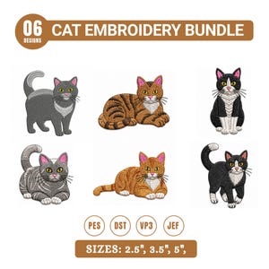 Könnte beinhalten: Eine digitale Sammlung von 06 Katzen-Stickmustern mit sechs verschiedenen Katzenillustrationen in unterschiedlichen Posen und Farben, darunter graue, getigerte und schwarz-weiße Muster. Formate PES, DST, VP3, JEF, Größen 2,5", 3,5" und 5".