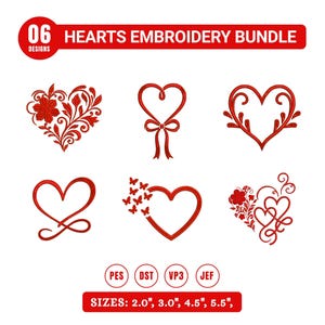 Può includere: Una collezione digitale intitolata 06 HEARTS EMBROIDERY BUNDLE che presenta sei distinti disegni di ricamo a forma di cuore rosso. Il set include i formati PES, DST, VP3 e JEF, con dimensioni disponibili di 5,1 cm, 7,6 cm, 11,4 cm e 14,0 cm.