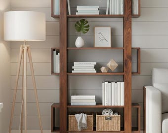 Estantería de madera maciza hecha a mano para sala de estar y decoración del hogar. Estantería inclinada hecha a mano.