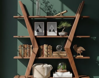 Wooden Bookshelf-Modern Minimalist Bookcase-Modern Z Shape Wooden Bookshelf-Modern Rustic Solid Wood Shelving Unit