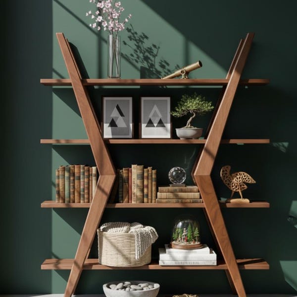 Wooden Bookshelf-Modern Minimalist Bookcase-Modern Z Shape Wooden Bookshelf-Modern Rustic Solid Wood Shelving Unit