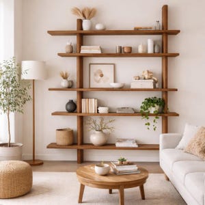 May include: A wooden bookshelf with several shelves, displaying vases, books, and plants. A round wooden coffee table is in front of a light-coloured sofa. A floor lamp and a potted plant complete the cosy living room setting.