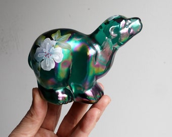 Fenton Glass Spruce Green Carnival Polar Bear Signed K. Brightbill