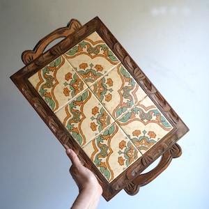 Vintage Mexico Six Tile Carved Wood Tray 17 x 11&quot;