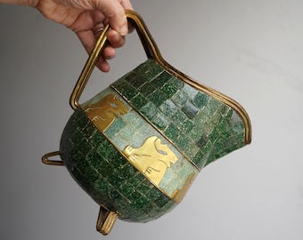 Mexican Modernist Salvador Teran Pre-Columbian Green Mosaic Hand Wrought Brass Pitcher - Made in Mexico