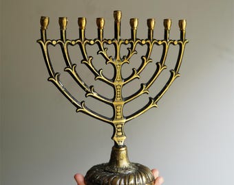CHOICE: Brass Menorah Jerusalem Judaica 9 1/2"h