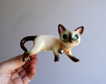 Small Ceramic Blue Eye Siamese Cat with Brass Bell Collar