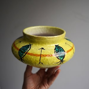 Puede incluir: Un cuenco de cerámica amarillo con una superficie texturizada y un diseño de pájaros azules y verdes con contornos negros. El cuenco tiene un borde ancho y una base redondeada.