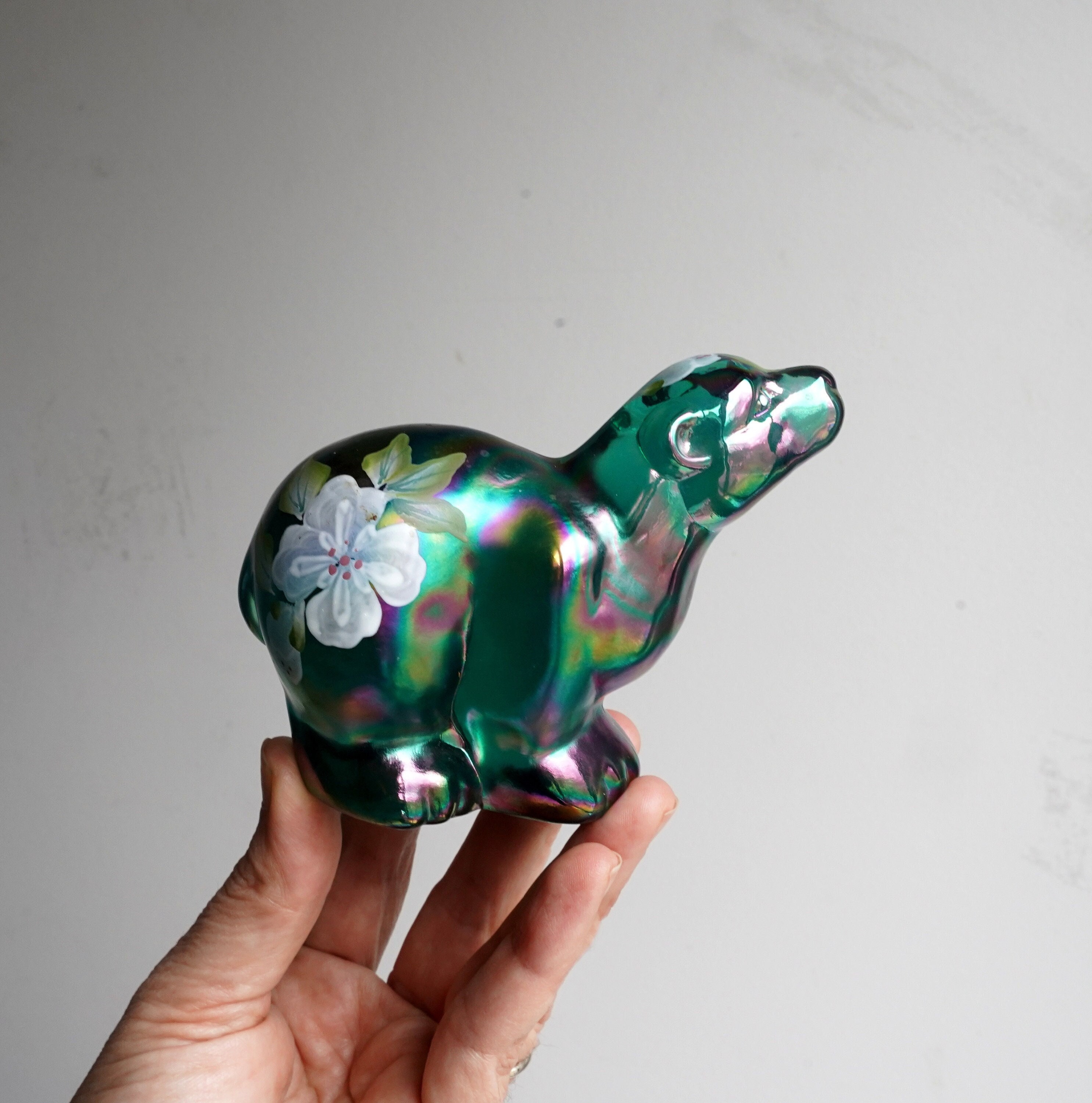 Fenton Glass Spruce Green Carnival Polar Bear Signed K. Brightbill