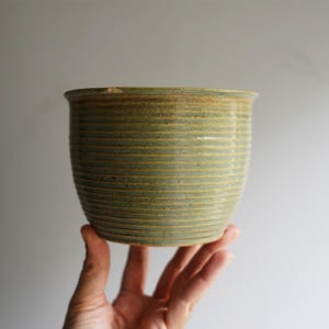 May include: A handmade, green ceramic planter with horizontal ridged detailing. The planter has a slightly flared rim and a rustic, earthy aesthetic. The color is a muted green with hints of brown, suggesting a natural, organic style.