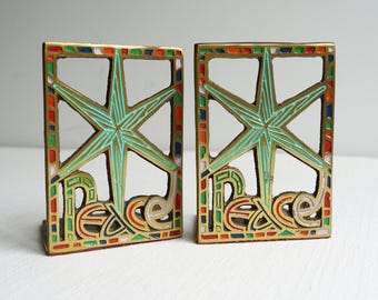 Peace Enamel and Brass Bookends Jerusalem Christian Judaica