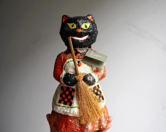 NOS Teena Flanner Halloween Black Cat Paper Mache 10” Seasons of Cannon Falls