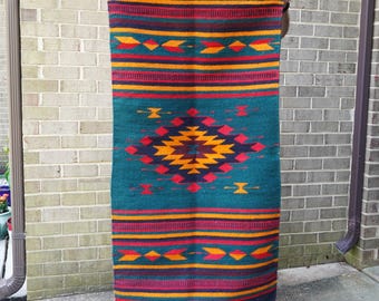 Hand Woven Zapotec Oaxaca Mexico Wool Rug 28x55”