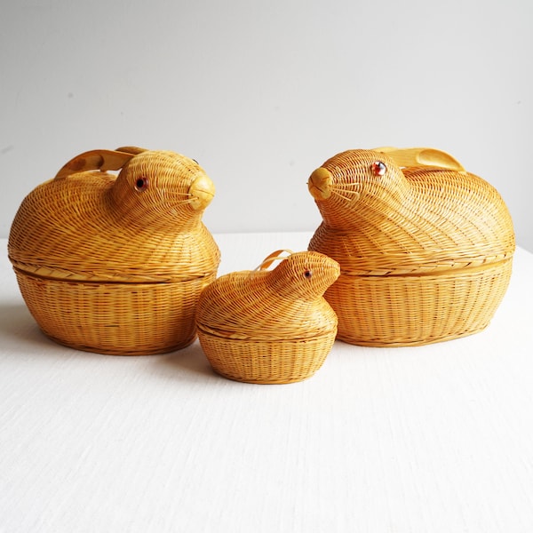 Vintage Shanghai Handicrafts Easter Rabbit Family Rattan Woven Baskets