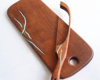 Handmade Inlaid Turquoise Bread Board + Bow Knife 17"