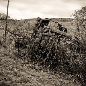 May include: Sepia-toned photograph of a rusted, abandoned vehicle, partially obscured by overgrown vegetation. The vehicle's frame and roof are visible, surrounded by tall grass and bushes. A utility pole and wire are in the background, with rolling hills under a cloudy sky.