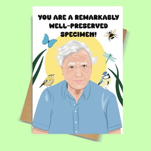 May include: A greeting card featuring a cartoon illustration of an older person with white hair wearing a light blue shirt. The text reads YOU ARE A REMARKABLY WELL-PRESERVED SPECIMEN! Surrounded by a blue butterfly, a bee, a dragonfly, and two birds.