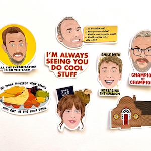 May include: A selection of vibrant stickers with cartoon illustrations and text. The stickers display phrases such as "All the information is on the task" and "Increasing enthusiasm". The stickers are on a white surface.