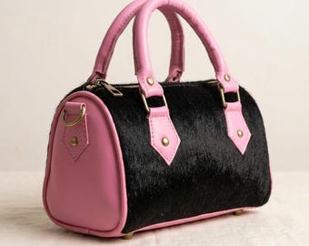 Mini Boston Bag, Genuine Leather Hair-On Cowhide Purse, Handmade Pink Top Handle Handbag, Small Crossbody Satchel, Gift for Women