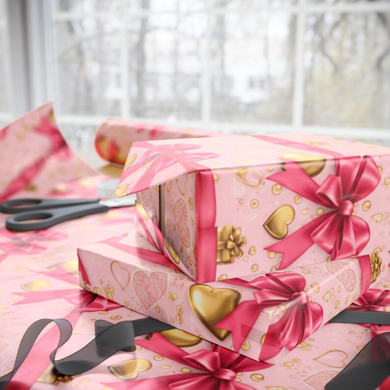 Pink Bows and Gold Hearts Wrapping Paper, Gift Boxes Design - Etsy