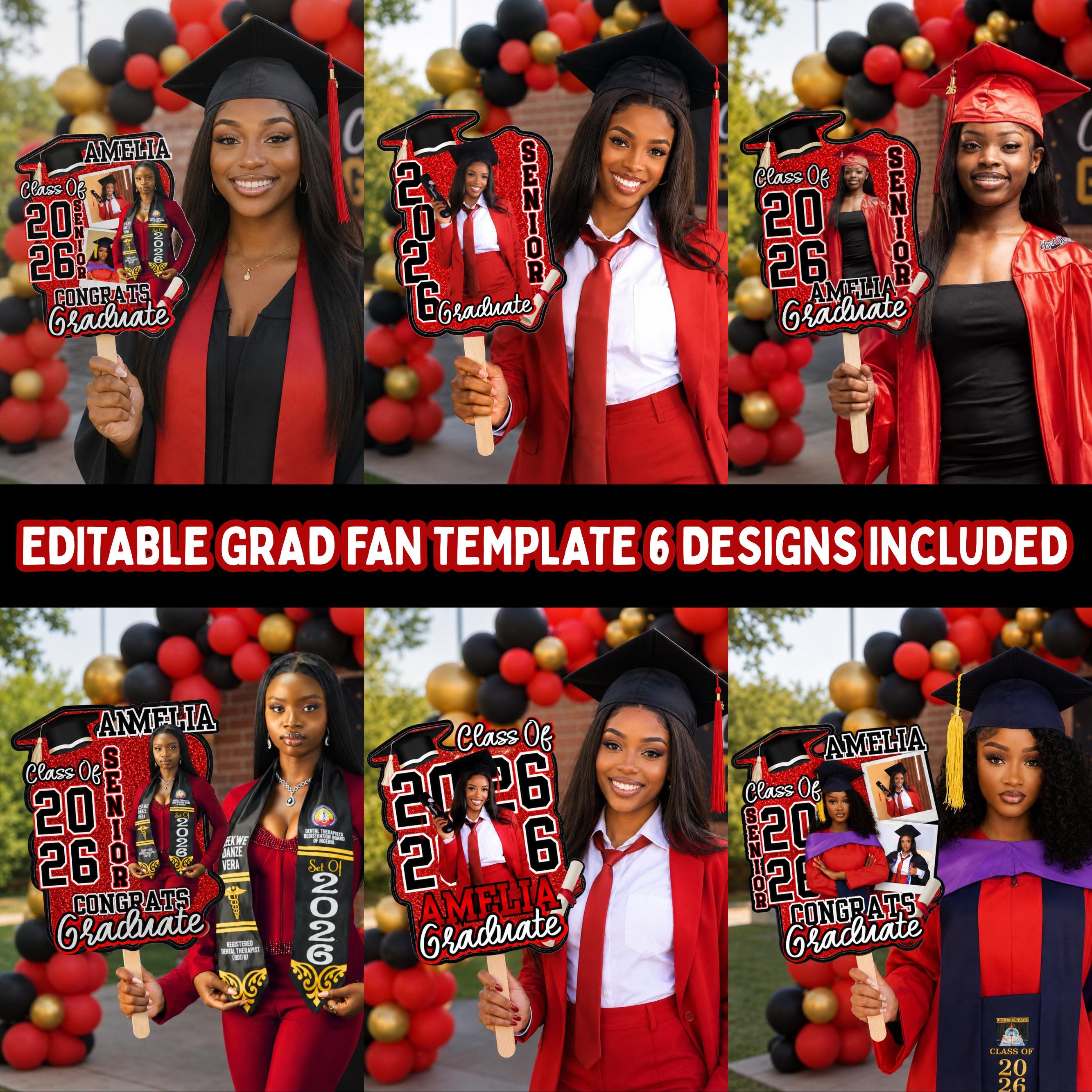 Red Graduation 2026 Fan Canva Editable Template, Graduation Paddle Fan ...