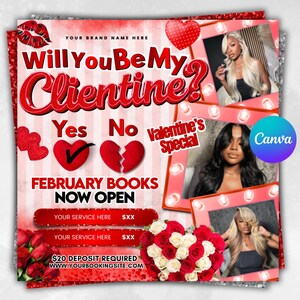 Könnte beinhalten: Valentinstag-Werbeflyer mit dem Text "Will You Be My Clientine?" in Rot. Es enthält Bilder von Frauen, Herzen und den Text "February Books Now Open." Der Flyer enthält auch den Text "Valentine's Special."