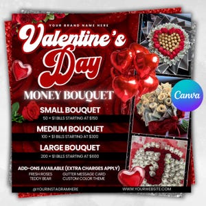 Könnte beinhalten: Werbung für Valentinstags-Geldsträuße. Das Design umfasst rote Rosen, herzförmige Luftballons und Beispiele für Geldsträuße. Der Text gibt Details zu Straußgrößen und Zusatzoptionen an.