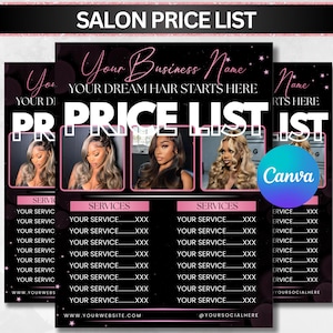 Beauty Price List Template, Salon Service Menu for Lash Nail Hair Stylist, Braiders, Wig, Makeup Printable Pricing Guide Canva Editable