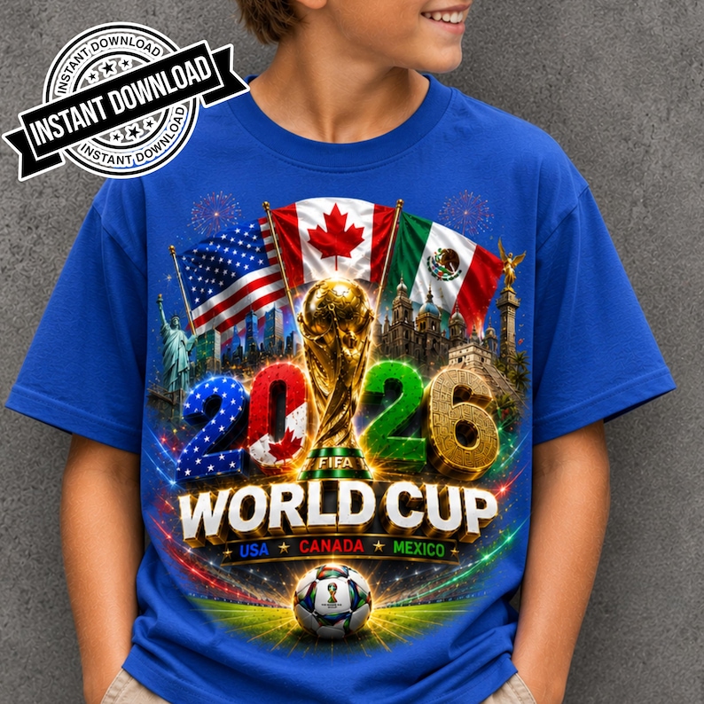 World Cup 2026 USA Canada Mexico Soccer Design Football Fan Shirt PNG FIFA 2026 Trophy Graphic Sublimation Design Digital Download