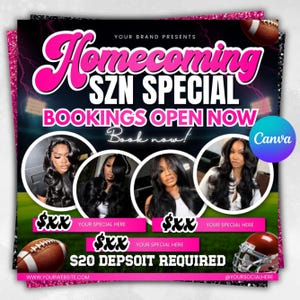 Op de afbeelding: Een digitale flyer voor een Homecoming SZN Special met vier ronde foto's van personen met lang donker haar, een football, een helm en tekst waaronder Bookings Open Now en $20 Depsoit Required op een achtergrond van een groen veld.